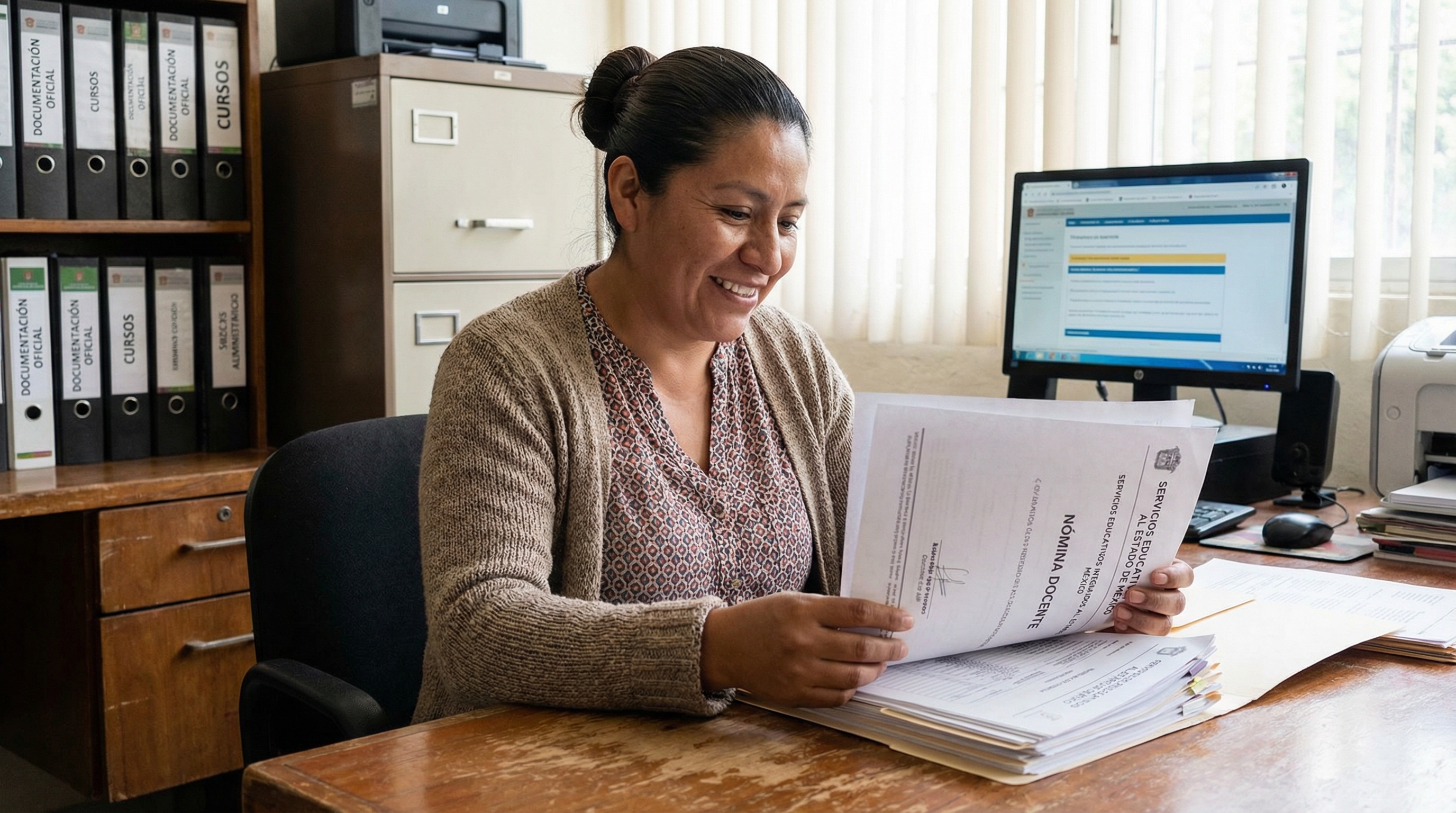 Maestra SEIEM revisando documentos de nómina en oficina escolar del Estado de México