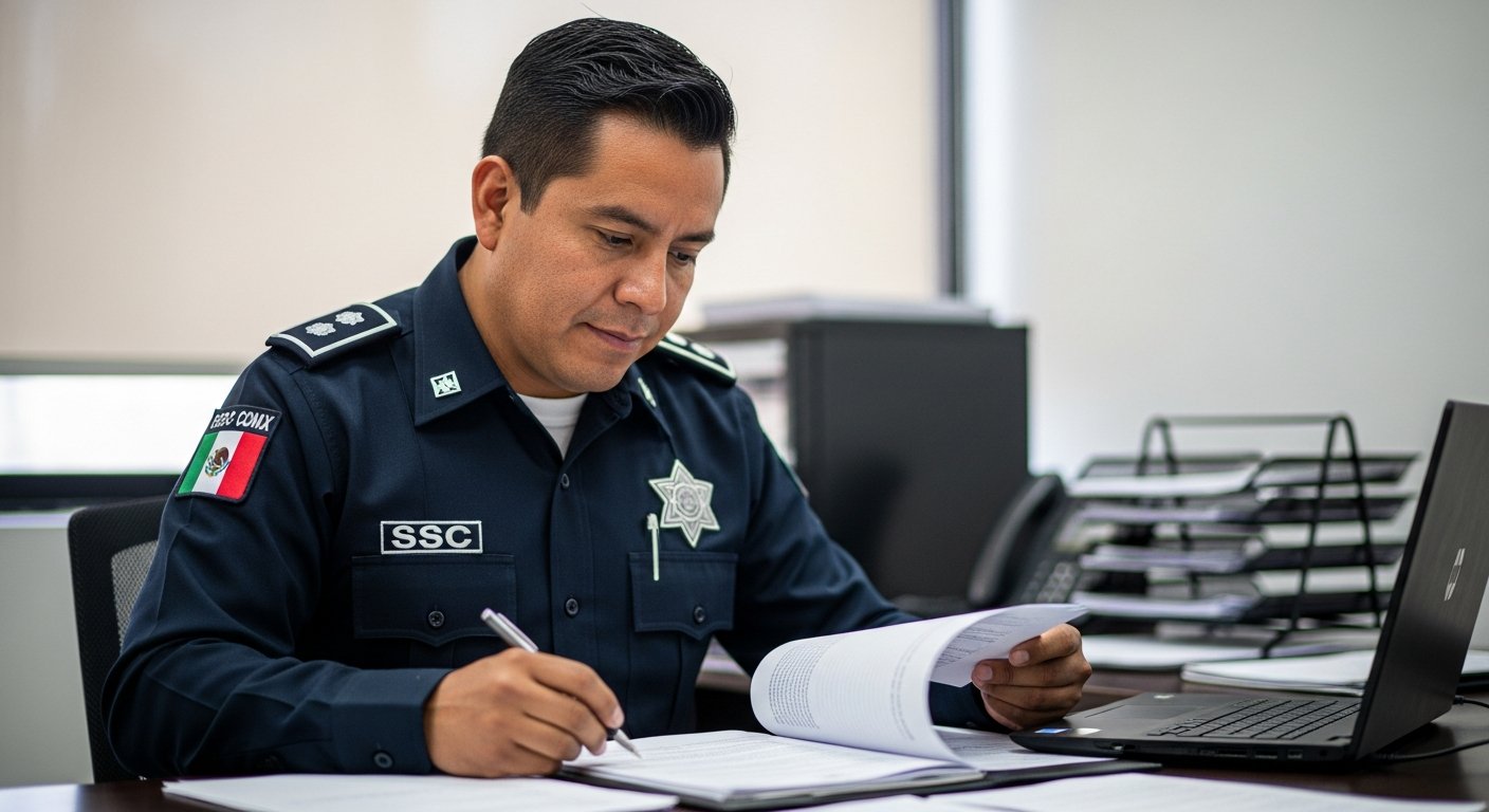 Policía SSC CDMX revisando documentos para trámite de préstamo