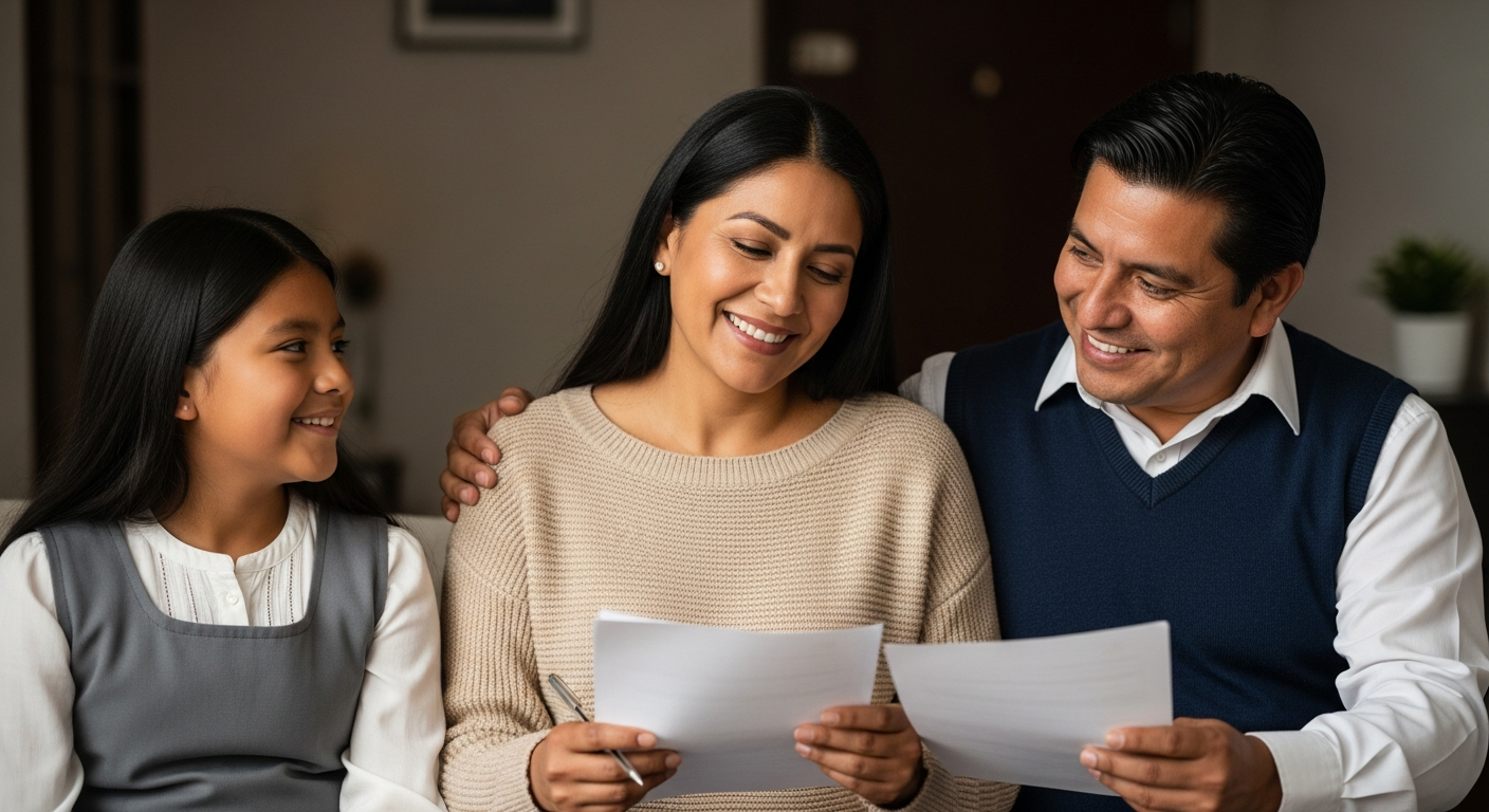 Maestra feliz con familia por estabilidad financiera lograda