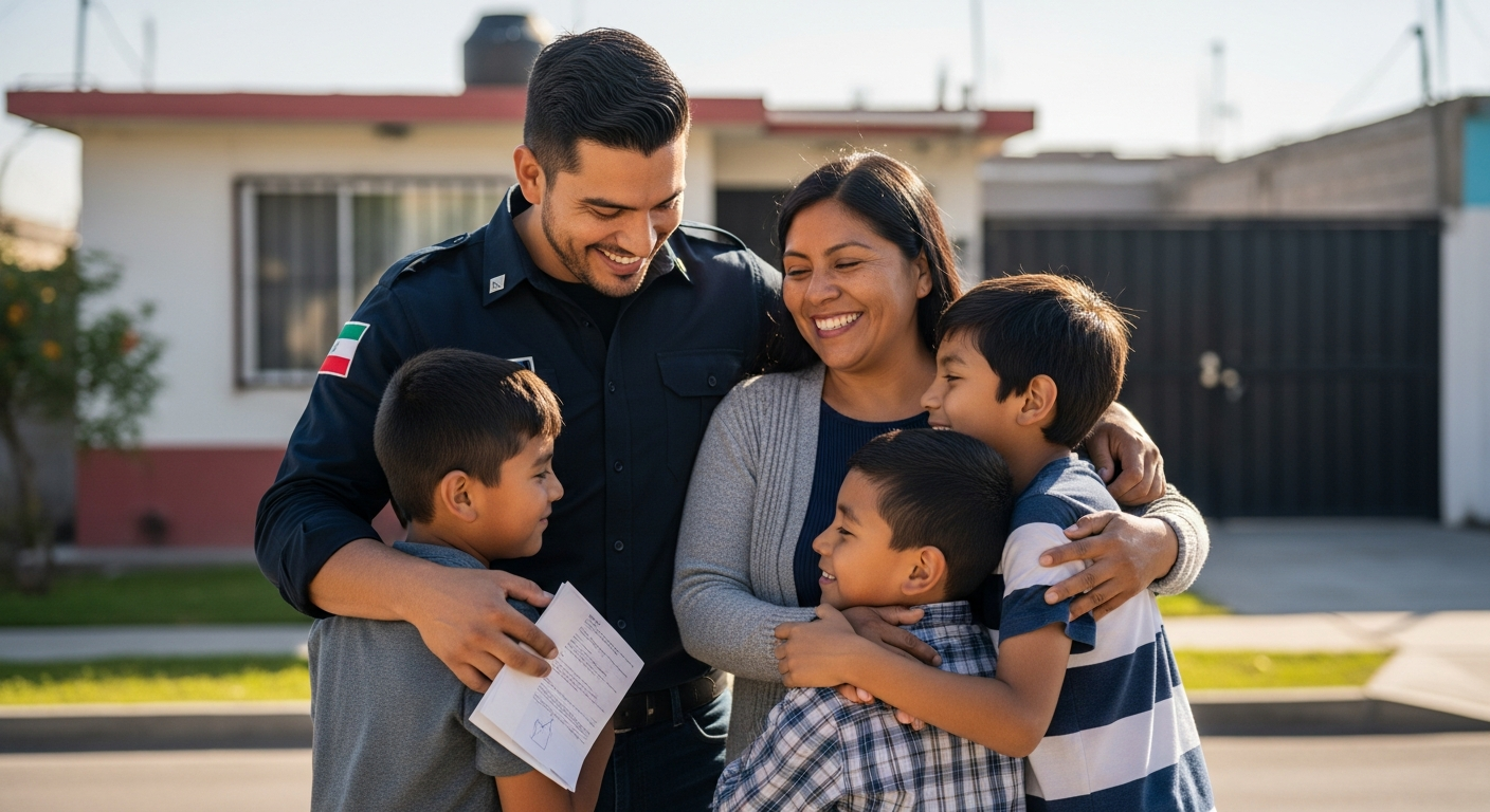 Policía del GEM feliz con su familia en su hogar