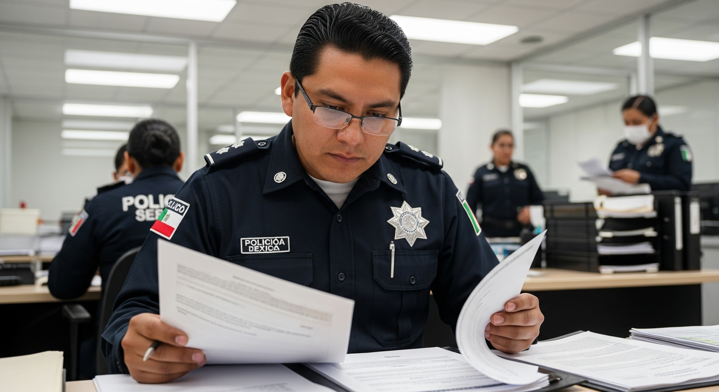 Policía GEM revisando documentos de nómina en oficina institucional
