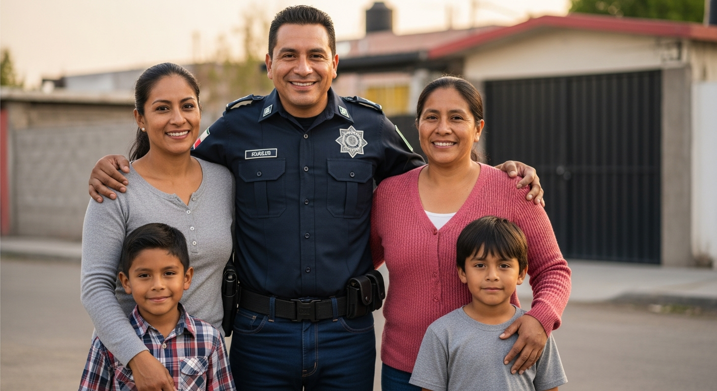 Policía del Estado de México feliz con su familia en casa