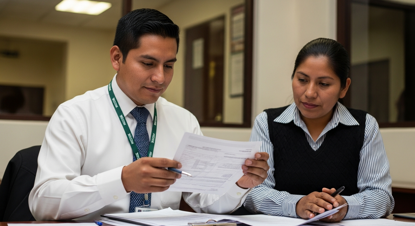 Maestro revisando documentos de nómina en escuela pública mexicana